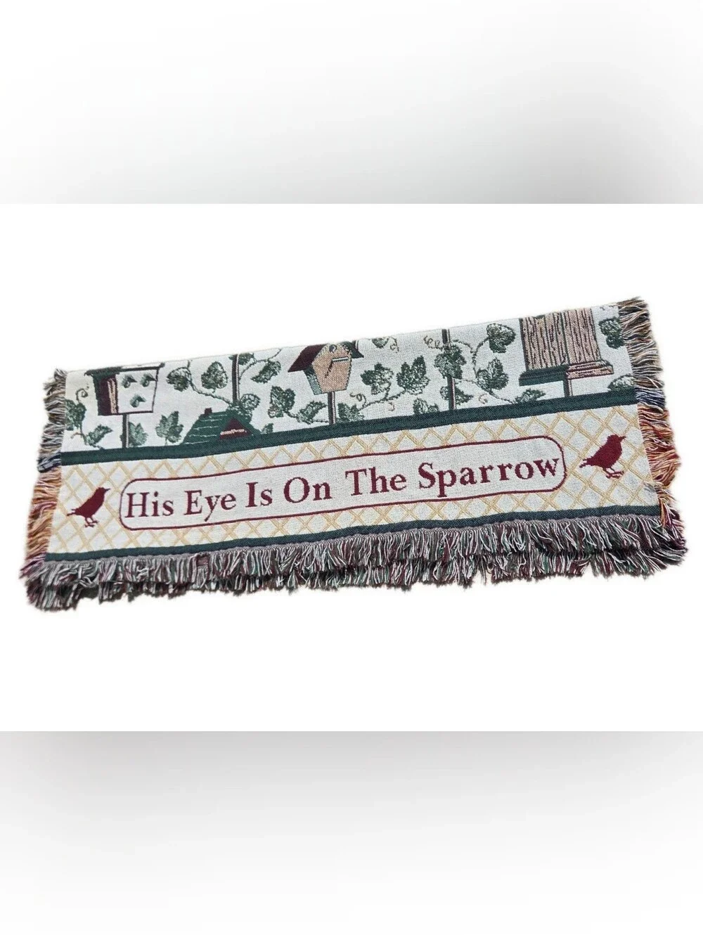 Vintage Christian Throw Blanket His Eye Is On The Sparrow Birdhouse Tapestry 90s
